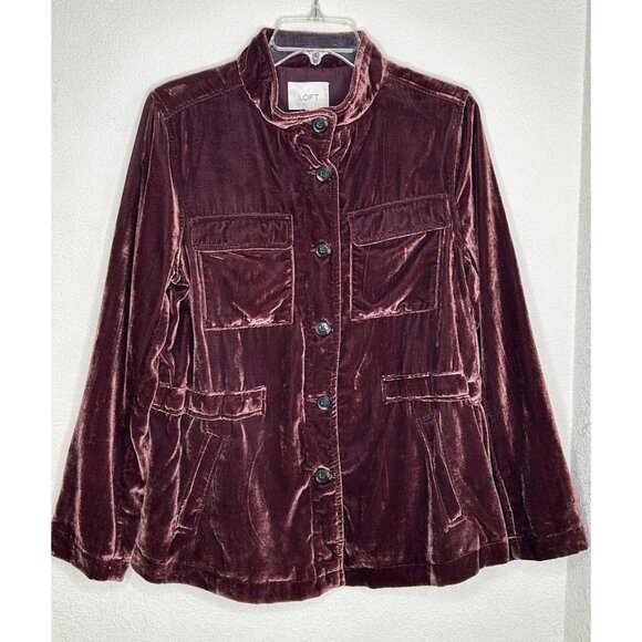 LOFT Jacket Womens Medium Velvet Utility Button Front Pockets Long Sleeve Blazer - Picture 1 of 11